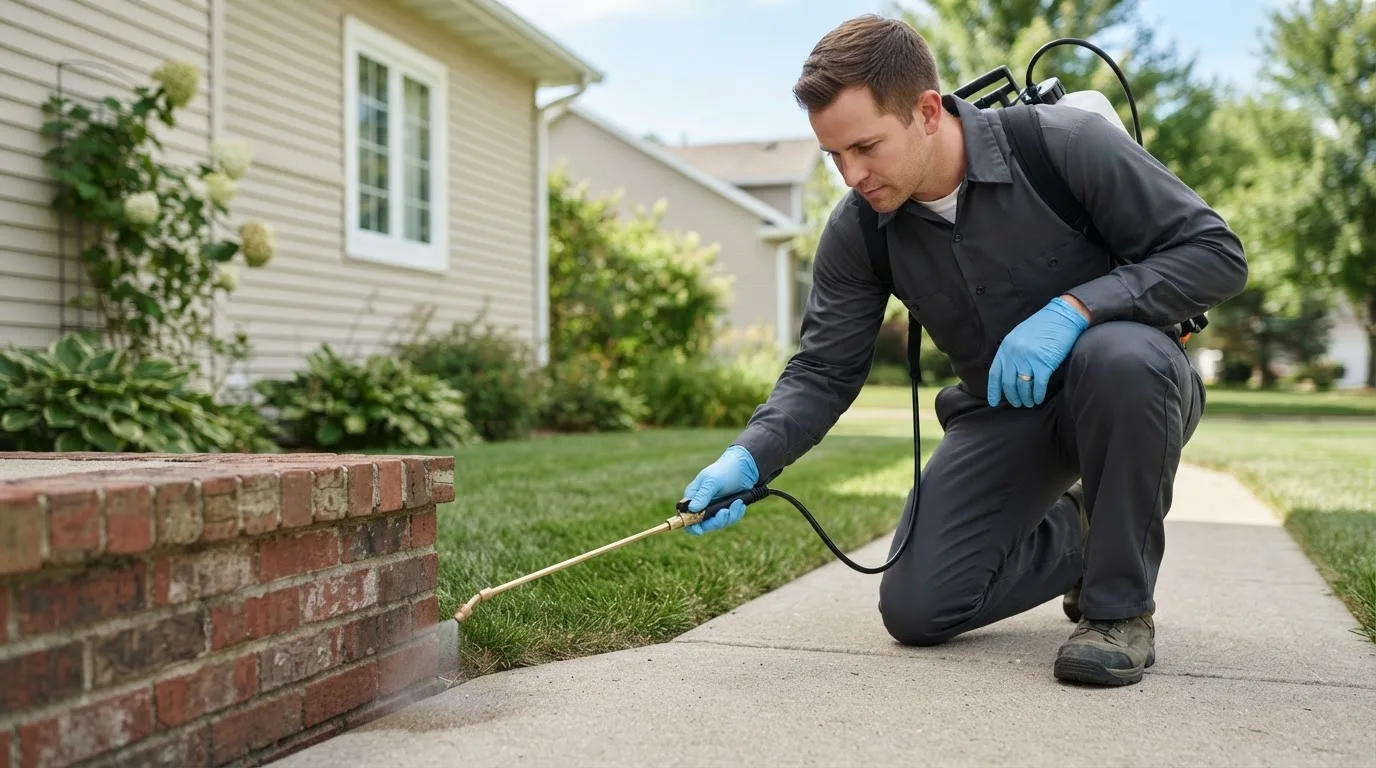 Pest control technician treating a home near Meadows Of Dan, VA